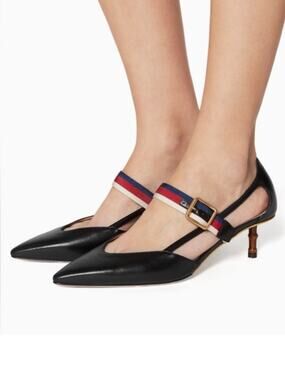 Gucci Unia Sylvie Web Strap Black Cut Out Pumps Bamboo Kitten Heel 37.5 / 7.5